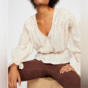 NWOT Free People Counting Stars Blouse Snowy Sand Long Sleeves Peplum Hem Medium